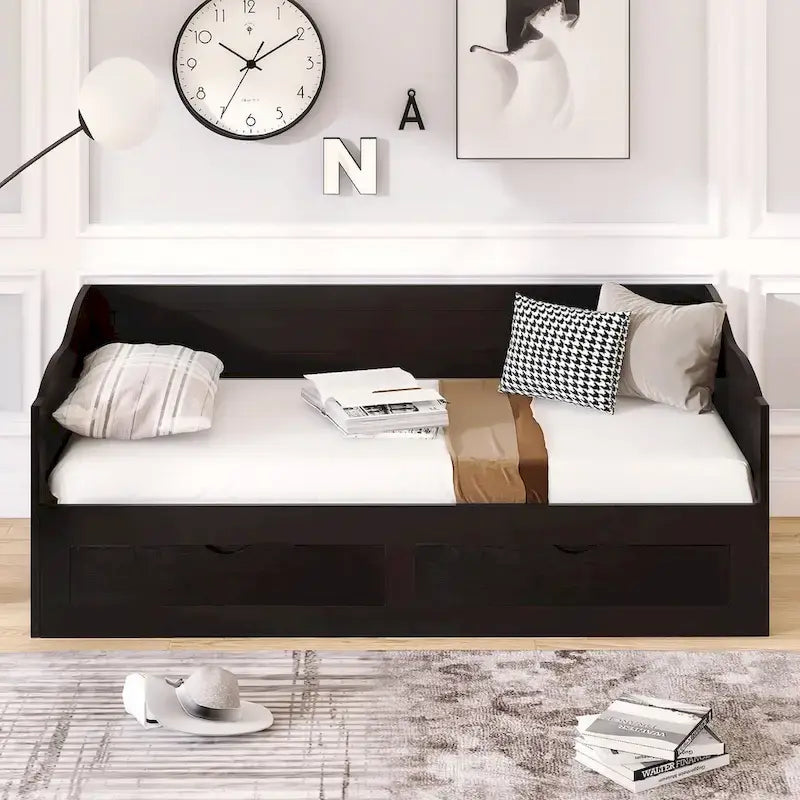 Canapé-lit extensible en bois, lit de repos avec lit gigogne et 2 tiroirs de rangement