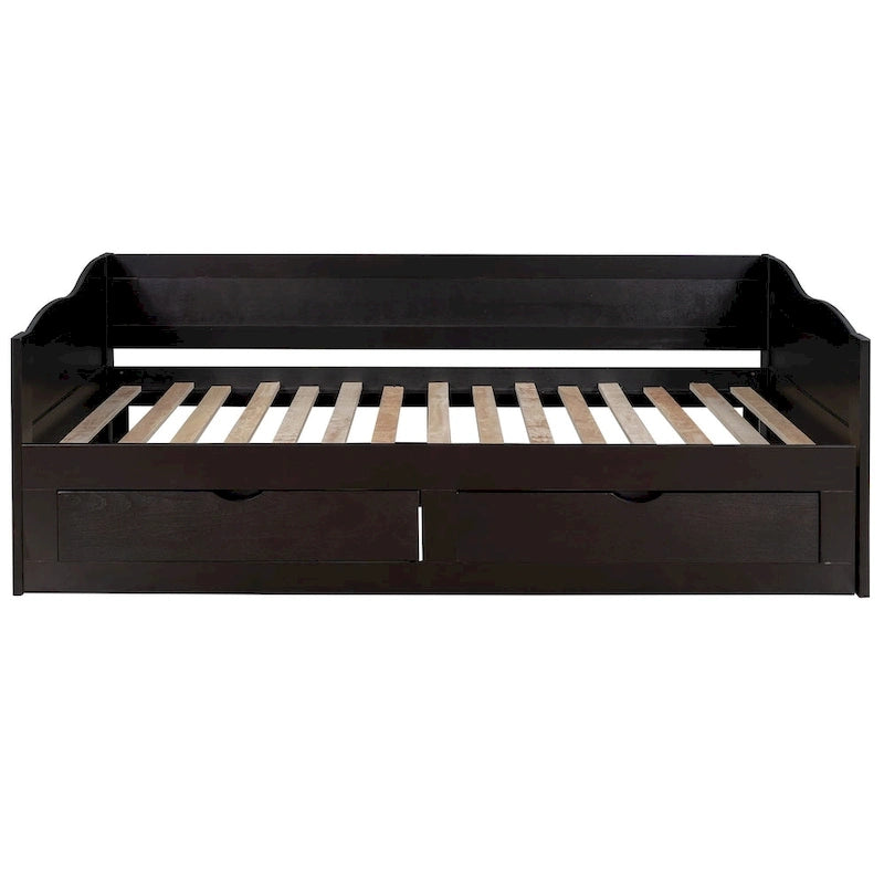 Canapé-lit extensible en bois, lit de repos avec lit gigogne et 2 tiroirs de rangement