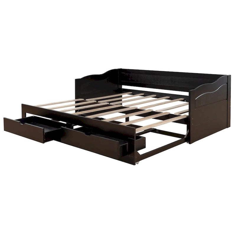 Canapé-lit extensible en bois, lit de repos avec lit gigogne et 2 tiroirs de rangement