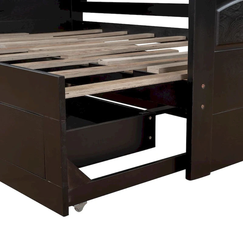 Canapé-lit extensible en bois, lit de repos avec lit gigogne et 2 tiroirs de rangement