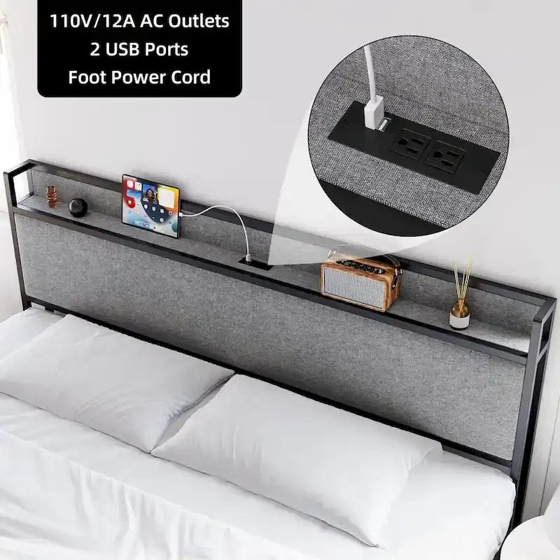 Lit King Size avec Cadre de Rangement et Tête de Lit Chargeur