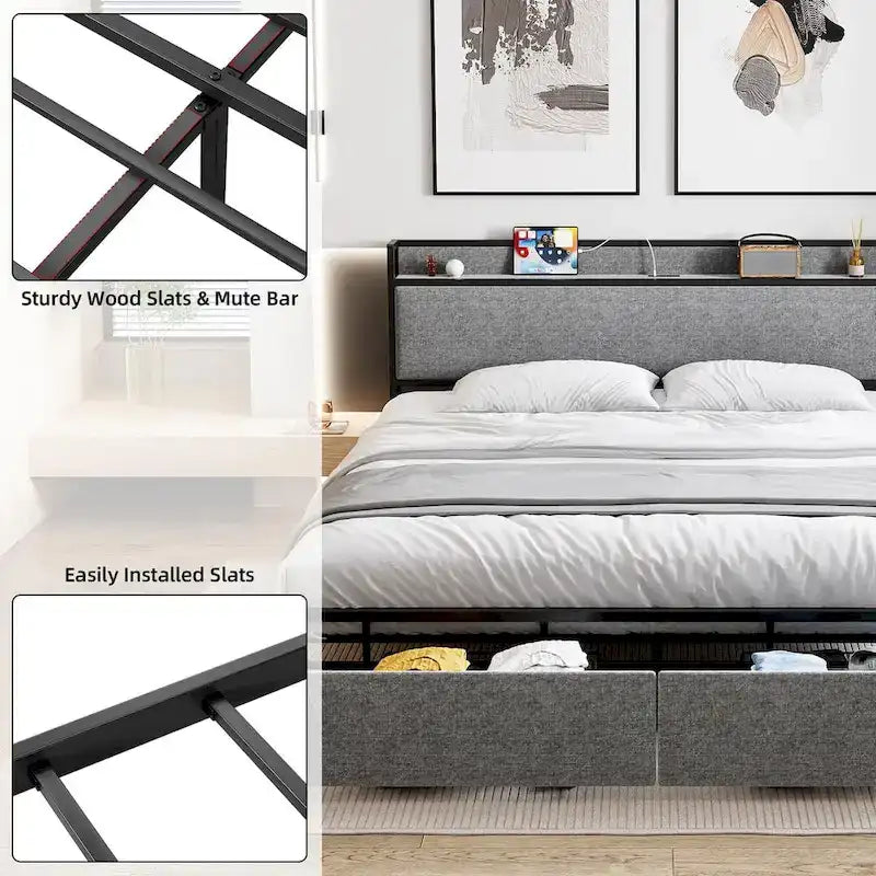Lit King Size avec Cadre de Rangement et Tête de Lit Chargeur