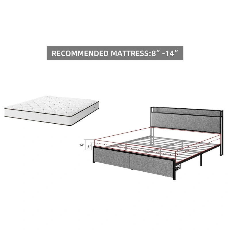 Lit King Size avec Cadre de Rangement et Tête de Lit Chargeur