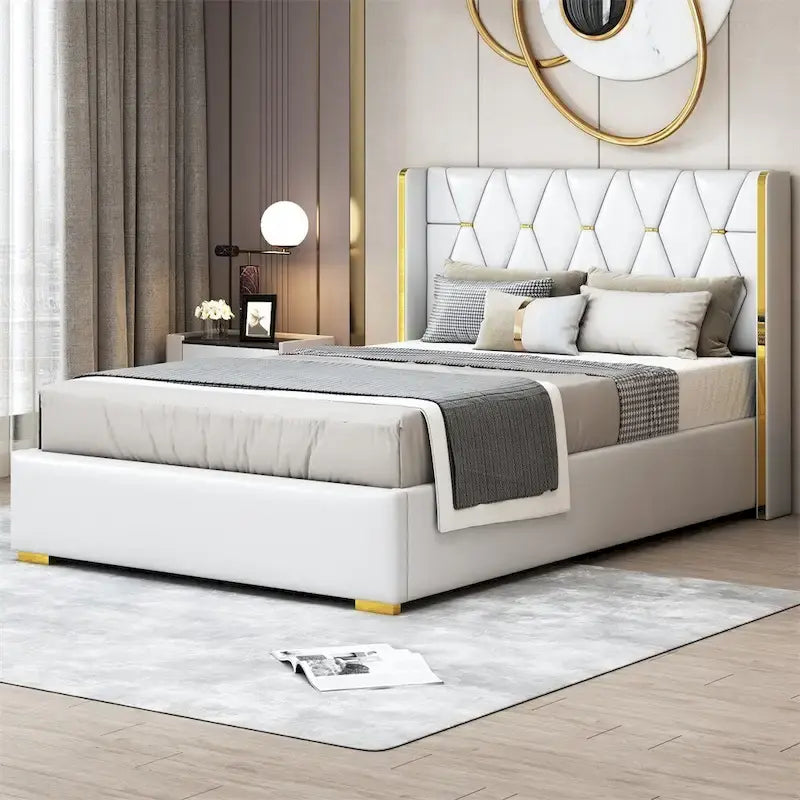 Full Size Leather Upholstered Platform Bed with Wood Frame