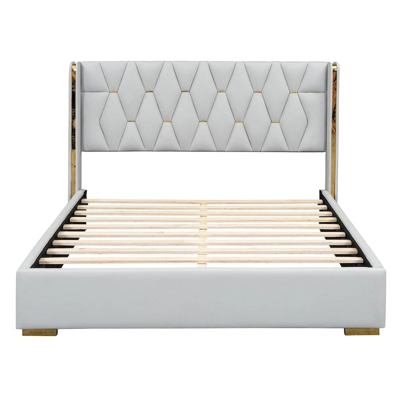 Full Size Leather Upholstered Platform Bed with Wood Frame