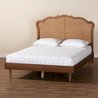 Camden Mid-Century Walnut Brown Wood and Rattan Platform Bed