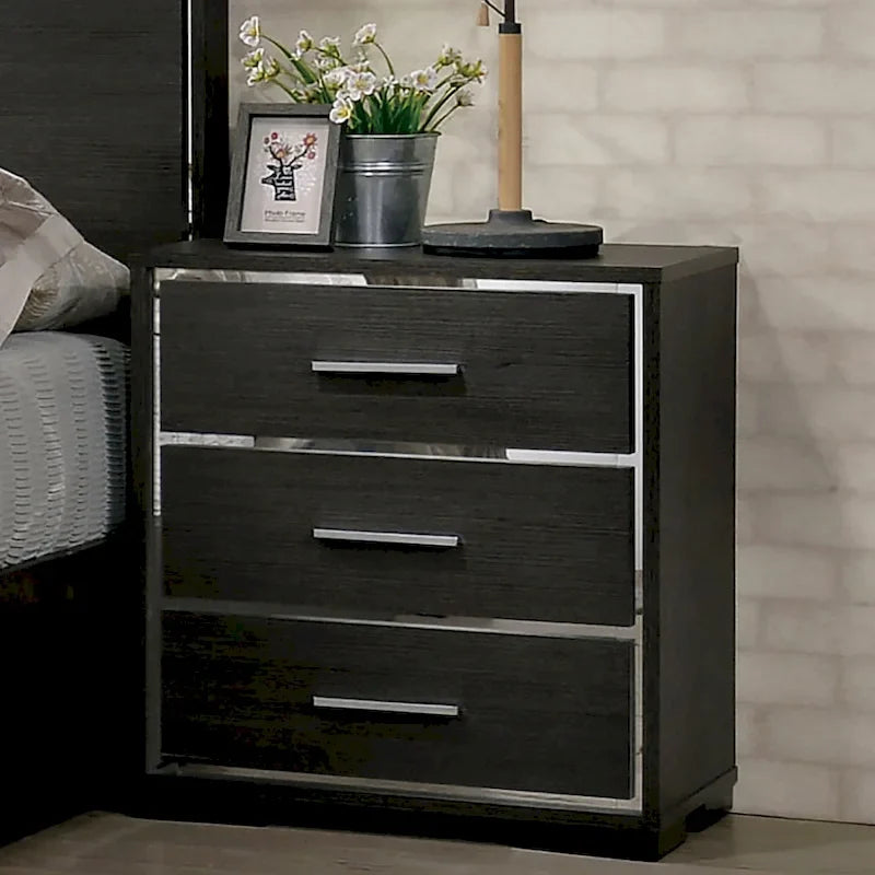 Ensemble Lit, Table de Chevet et Commode 3 Pièces Kastela Contemporain Gris de Furniture of America avec LED et Ports USB