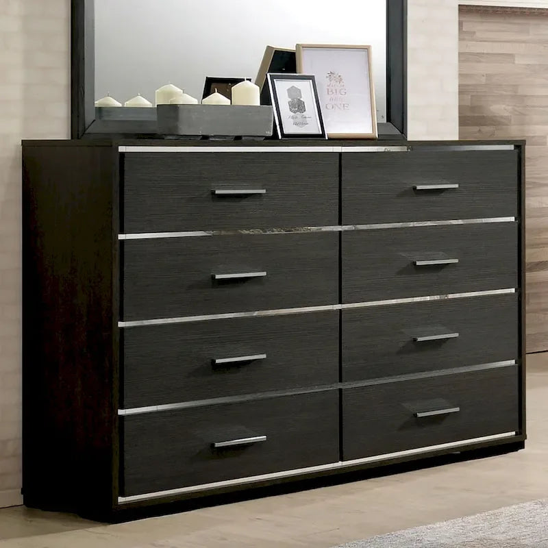 Ensemble Lit, Table de Chevet et Commode 3 Pièces Kastela Contemporain Gris de Furniture of America avec LED et Ports USB