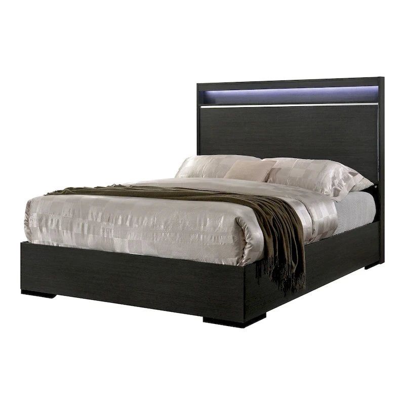 Ensemble Lit, Table de Chevet et Commode 3 Pièces Kastela Contemporain Gris de Furniture of America avec LED et Ports USB