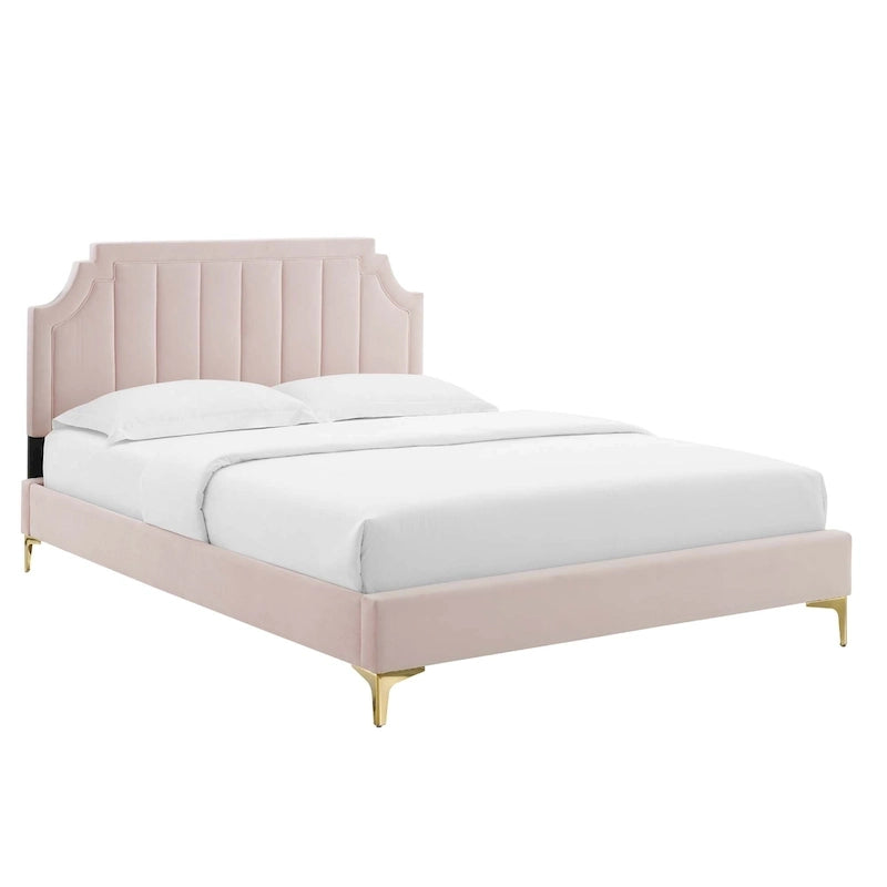 Performance Velvet Queen Platform Bed with Tufted Headboard - Gold Legs