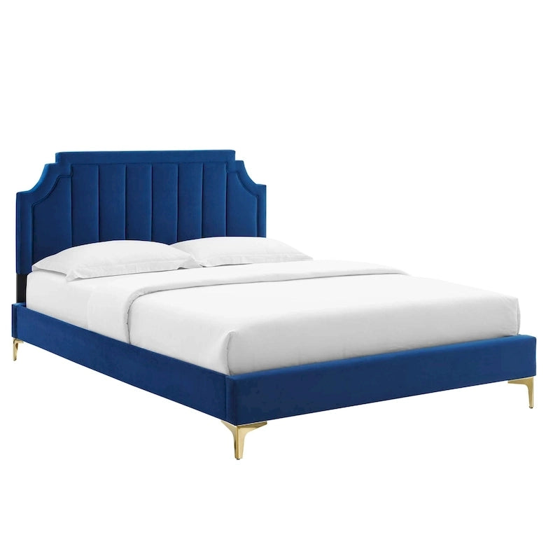 Performance Velvet Queen Platform Bed with Tufted Headboard - Gold Legs