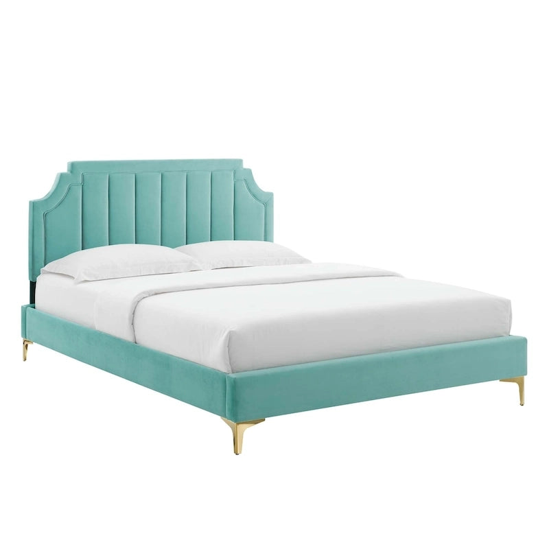 Performance Velvet Queen Platform Bed with Tufted Headboard - Gold Legs