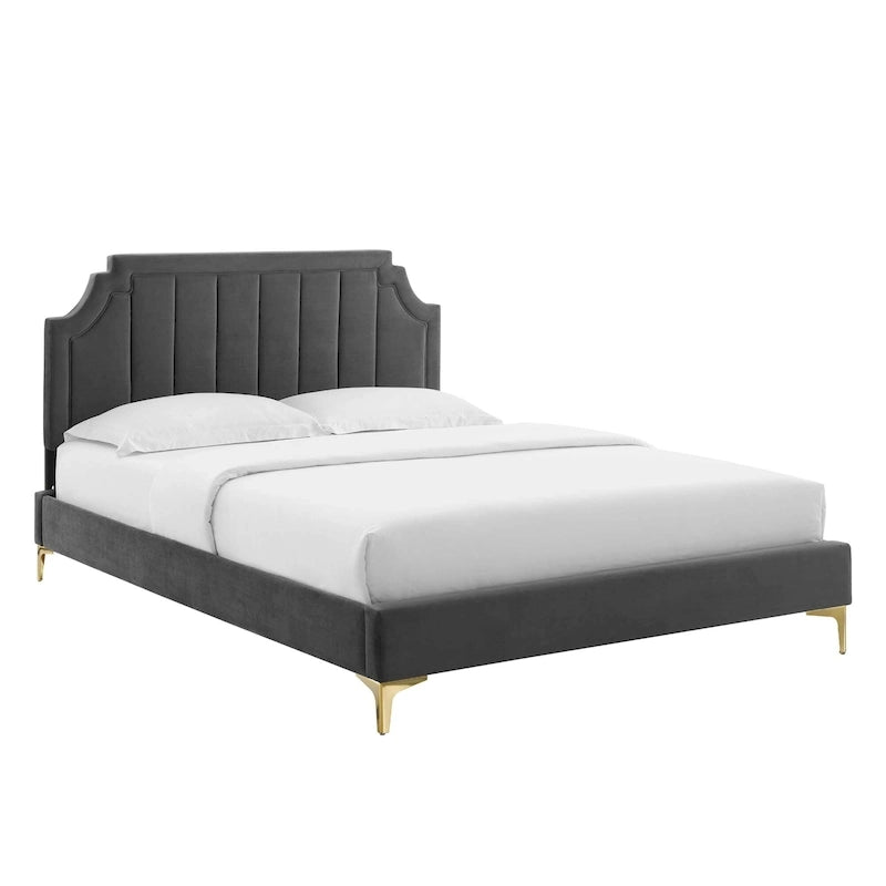 Performance Velvet Queen Platform Bed with Tufted Headboard - Gold Legs