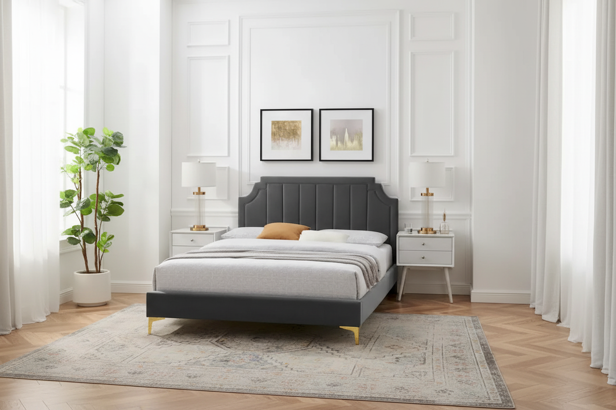 Performance Velvet Queen Platform Bed with Tufted Headboard - Gold Legs