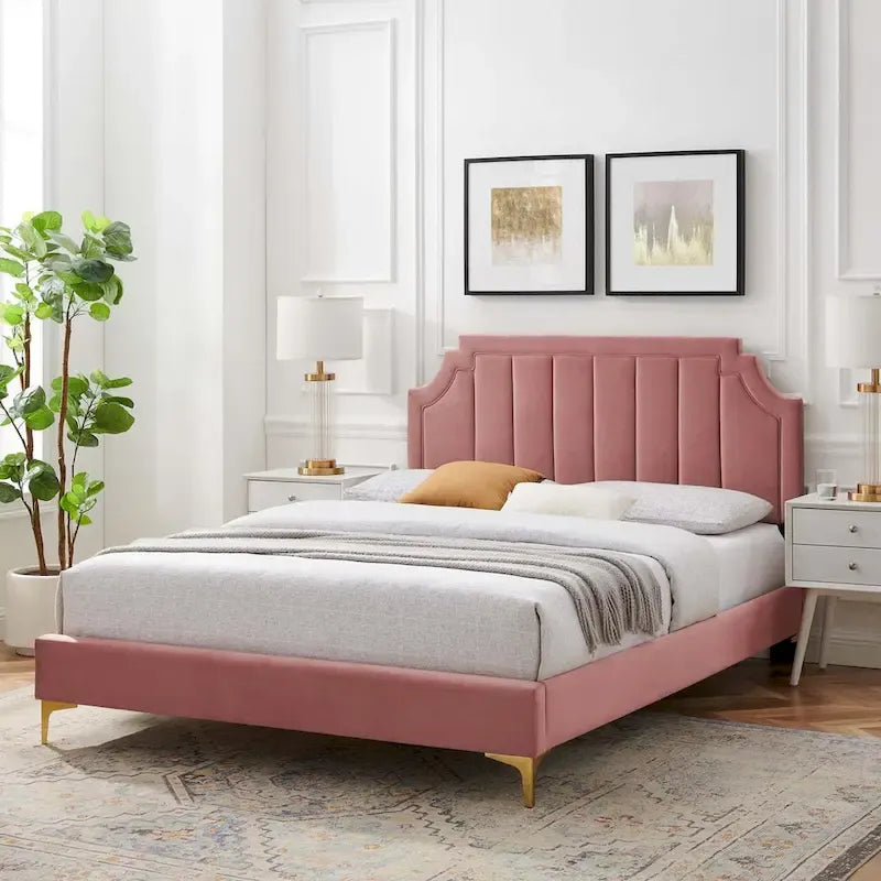 Performance Velvet Queen Platform Bed with Tufted Headboard - Gold Legs