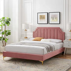 Performance Velvet Queen Platform Bed with Tufted Headboard - Gold Legs