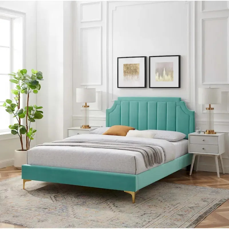 Performance Velvet Queen Platform Bed with Tufted Headboard - Gold Legs