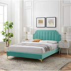 Performance Velvet Queen Platform Bed with Tufted Headboard - Gold Legs