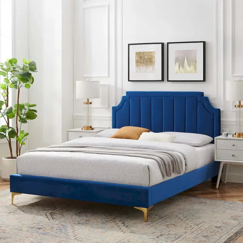 Performance Velvet Queen Platform Bed with Tufted Headboard - Gold Legs