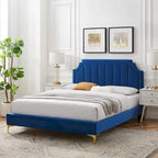 Performance Velvet Queen Platform Bed with Tufted Headboard - Gold Legs