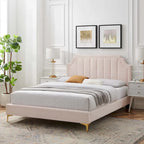 Performance Velvet Queen Platform Bed with Tufted Headboard - Gold Legs