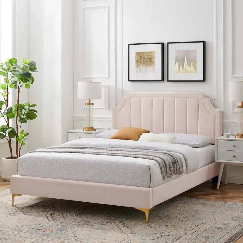 Performance Velvet Queen Platform Bed with Tufted Headboard - Gold Legs