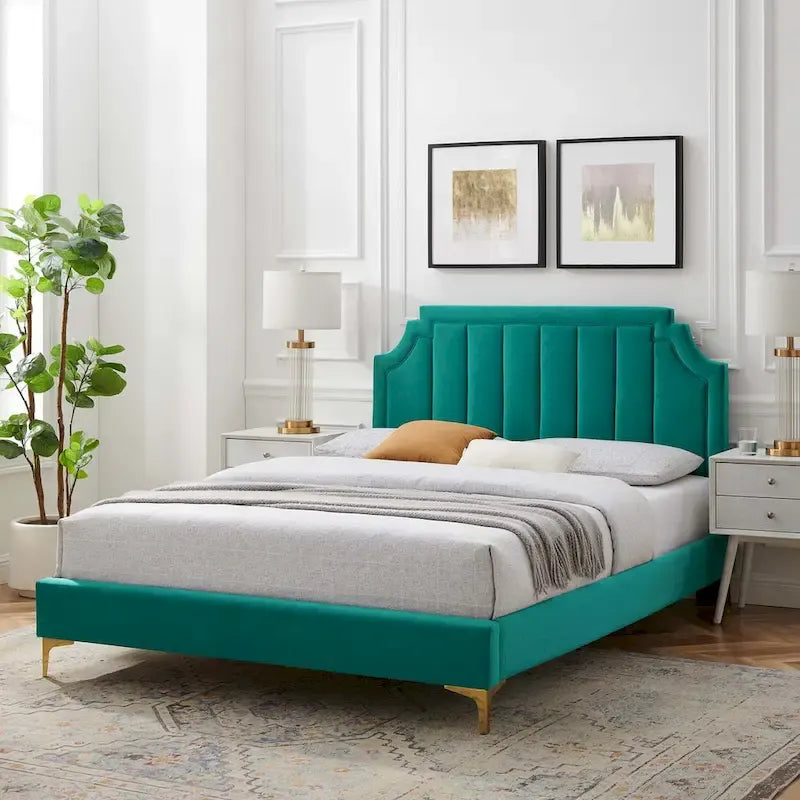 Performance Velvet Queen Platform Bed with Tufted Headboard - Gold Legs