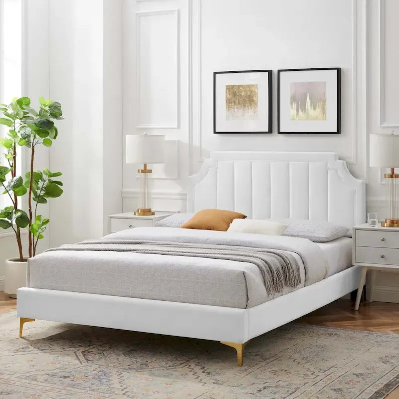 Performance Velvet Queen Platform Bed with Tufted Headboard - Gold Legs