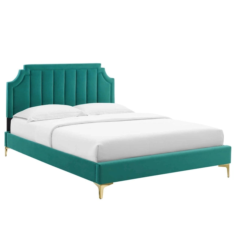Performance Velvet Queen Platform Bed with Tufted Headboard - Gold Legs
