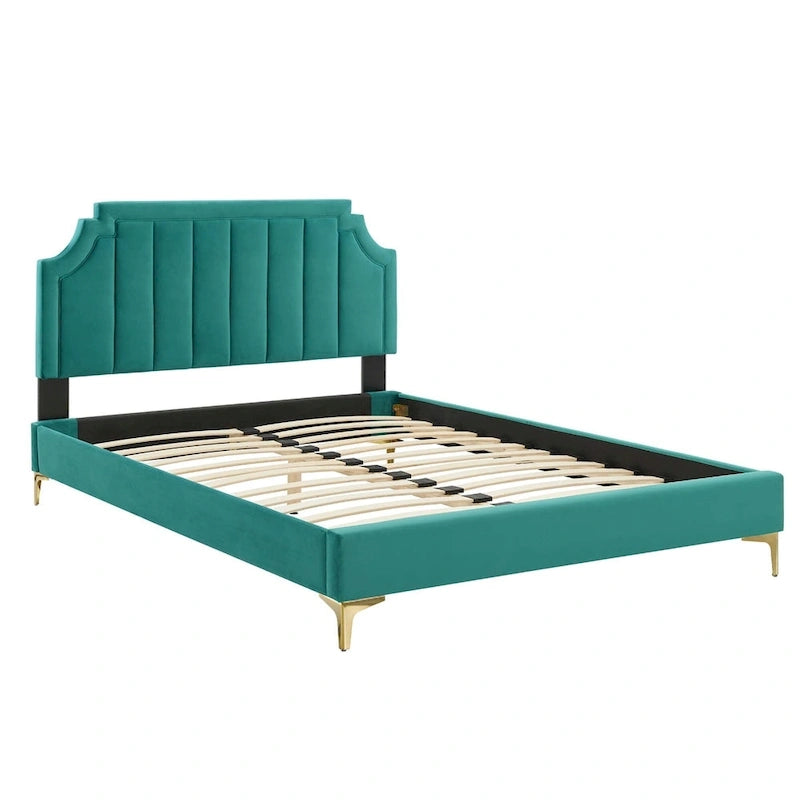 Performance Velvet Queen Platform Bed with Tufted Headboard - Gold Legs