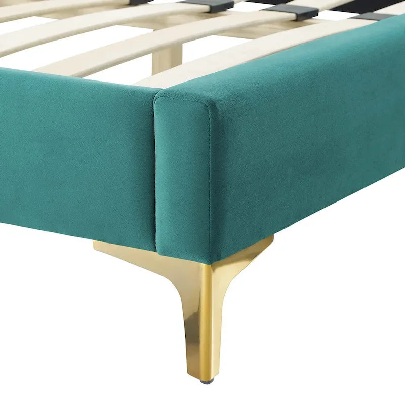 Performance Velvet Queen Platform Bed with Tufted Headboard - Gold Legs