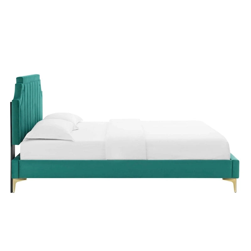 Performance Velvet Queen Platform Bed with Tufted Headboard - Gold Legs