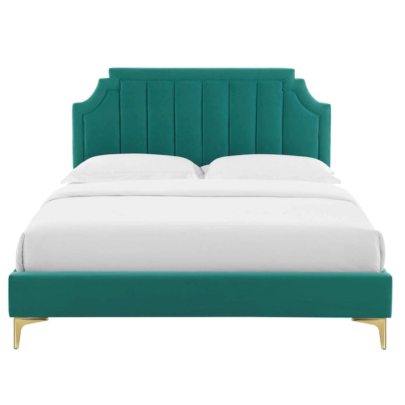 Performance Velvet Queen Platform Bed with Tufted Headboard - Gold Legs