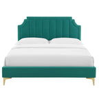 Performance Velvet Queen Platform Bed with Tufted Headboard - Gold Legs