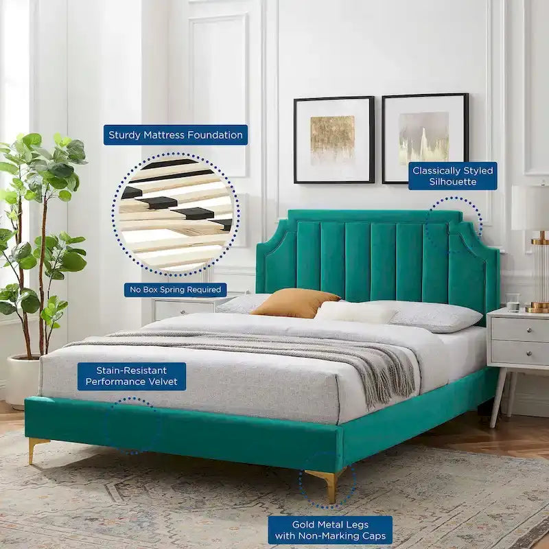 Performance Velvet Queen Platform Bed with Tufted Headboard - Gold Legs
