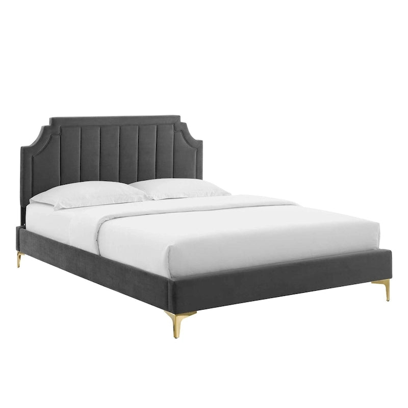 Performance Velvet Queen Platform Bed with Tufted Headboard - Gold Legs