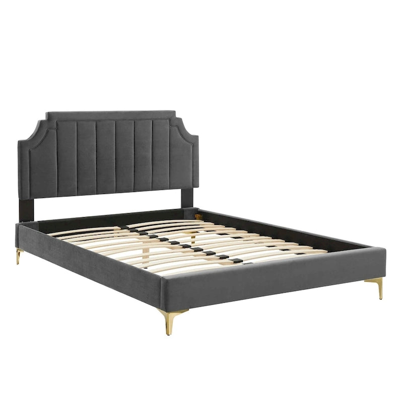 Performance Velvet Queen Platform Bed with Tufted Headboard - Gold Legs