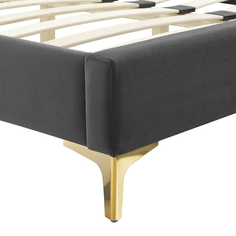 Performance Velvet Queen Platform Bed with Tufted Headboard - Gold Legs
