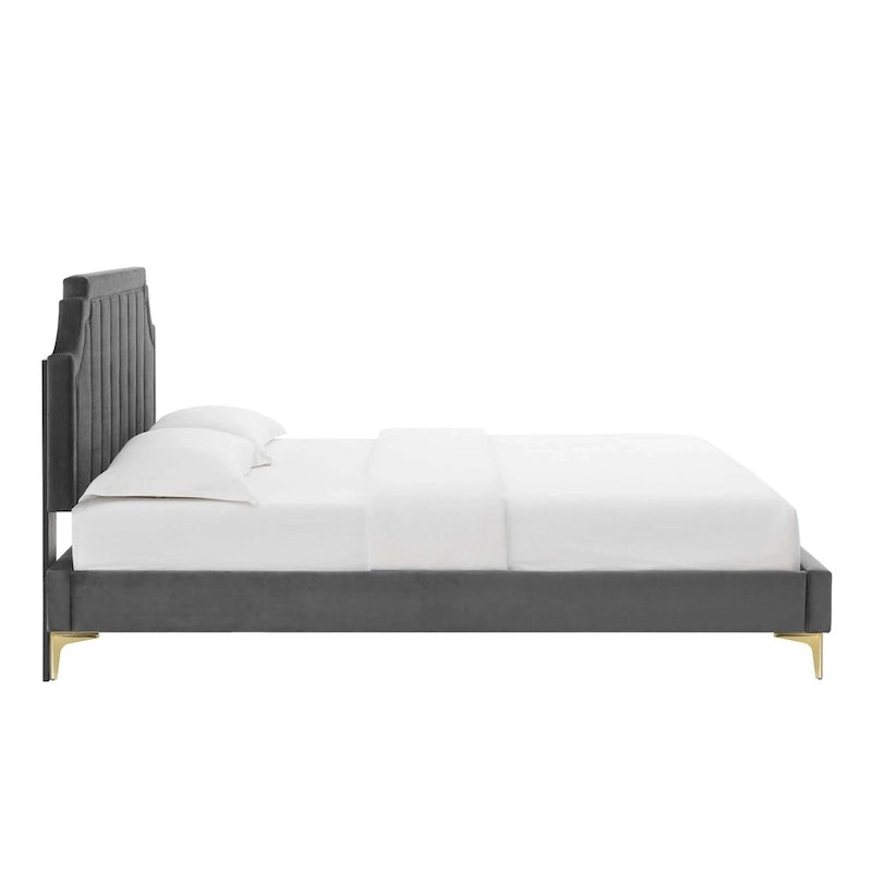 Performance Velvet Queen Platform Bed with Tufted Headboard - Gold Legs