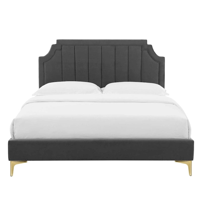 Performance Velvet Queen Platform Bed with Tufted Headboard - Gold Legs
