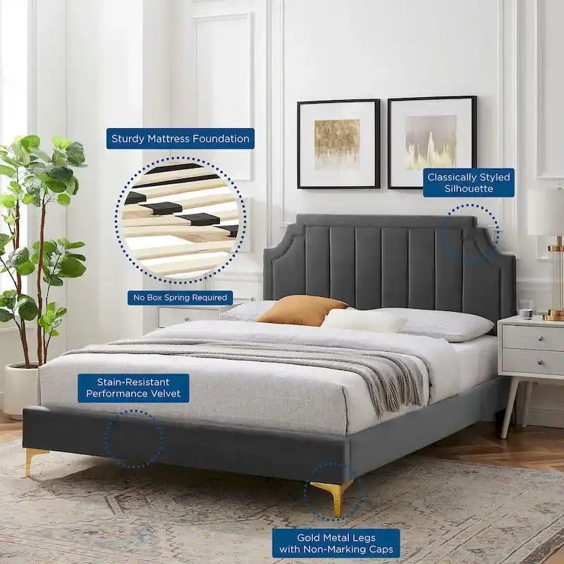 Performance Velvet Queen Platform Bed with Tufted Headboard - Gold Legs