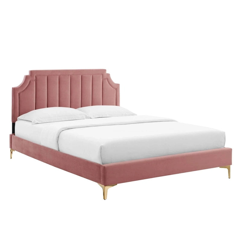 Performance Velvet Queen Platform Bed with Tufted Headboard - Gold Legs