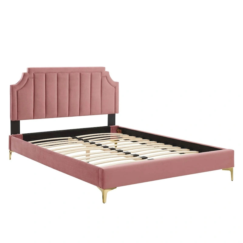 Performance Velvet Queen Platform Bed with Tufted Headboard - Gold Legs