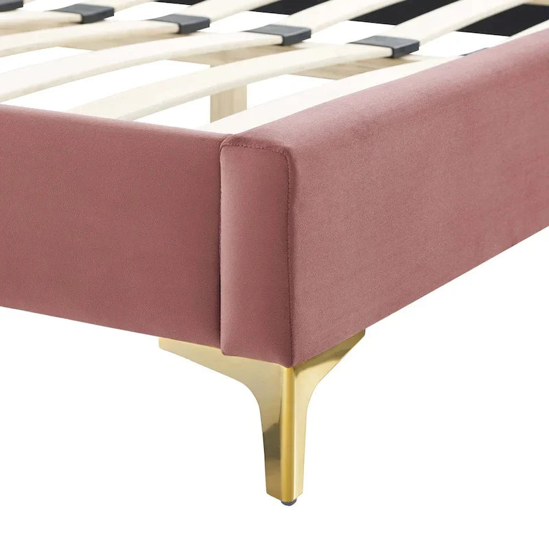 Performance Velvet Queen Platform Bed with Tufted Headboard - Gold Legs
