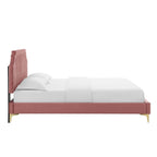 Performance Velvet Queen Platform Bed with Tufted Headboard - Gold Legs