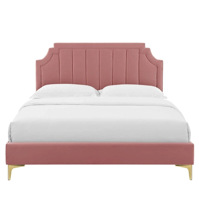 Performance Velvet Queen Platform Bed with Tufted Headboard - Gold Legs