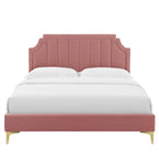 Performance Velvet Queen Platform Bed with Tufted Headboard - Gold Legs