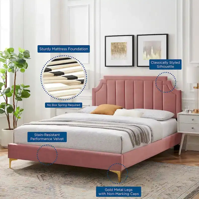 Performance Velvet Queen Platform Bed with Tufted Headboard - Gold Legs