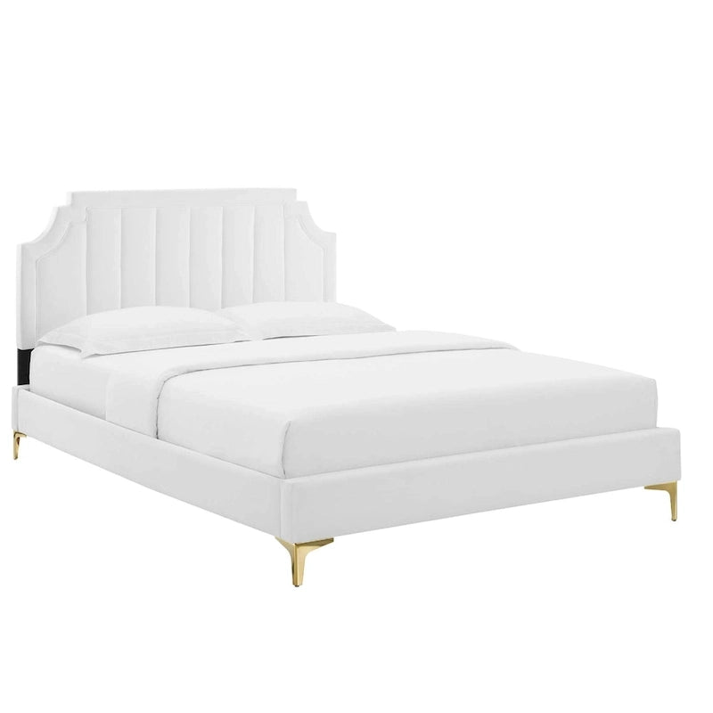 Performance Velvet Queen Platform Bed with Tufted Headboard - Gold Legs