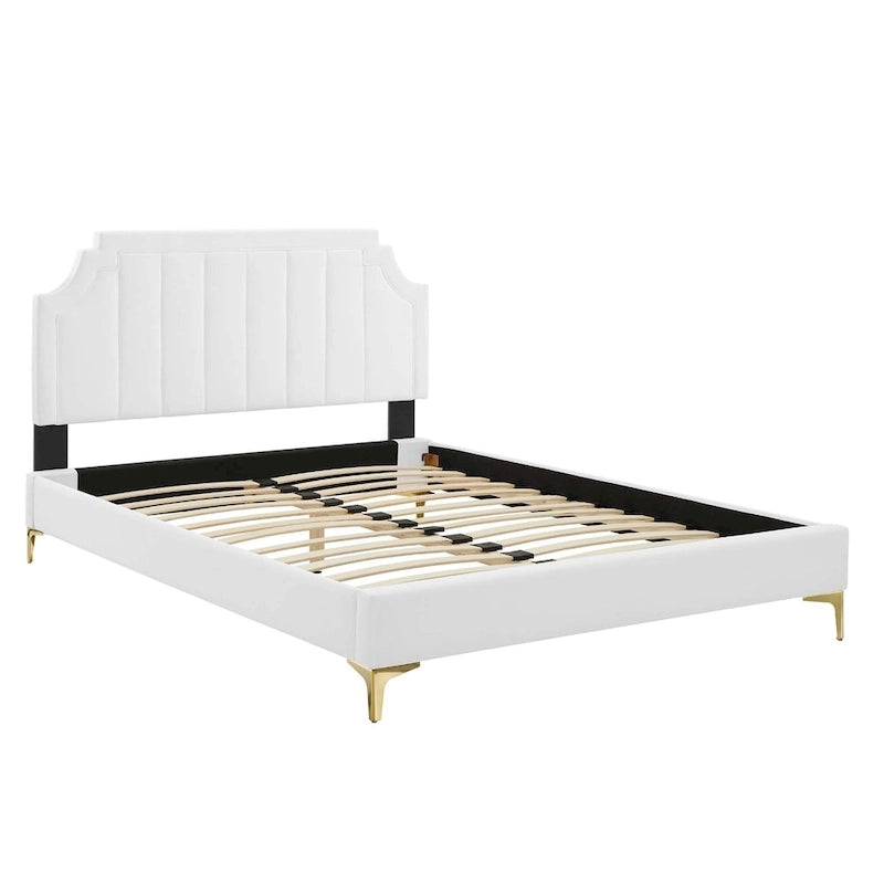 Performance Velvet Queen Platform Bed with Tufted Headboard - Gold Legs